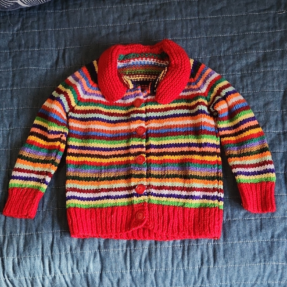 Handknit Kids' colourful striped cardigan, size 5
